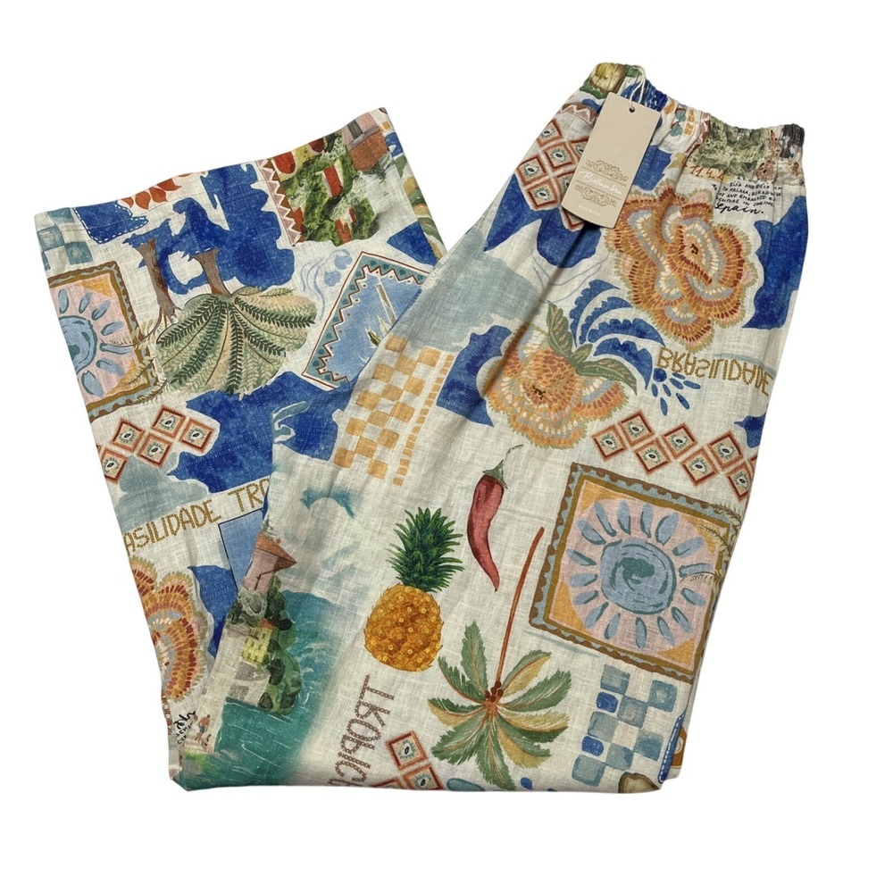 Bellavibra Pants Tropical Island Print Linen Blend Pull On Size L Vacation Beach